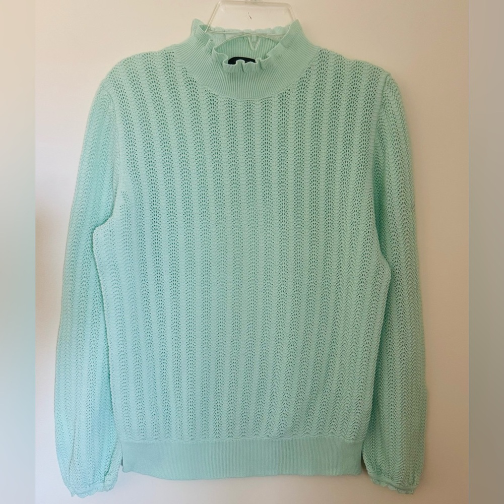 J. Crew Pointelle Ruffle Mockneck Mint Green Sweater, Size S